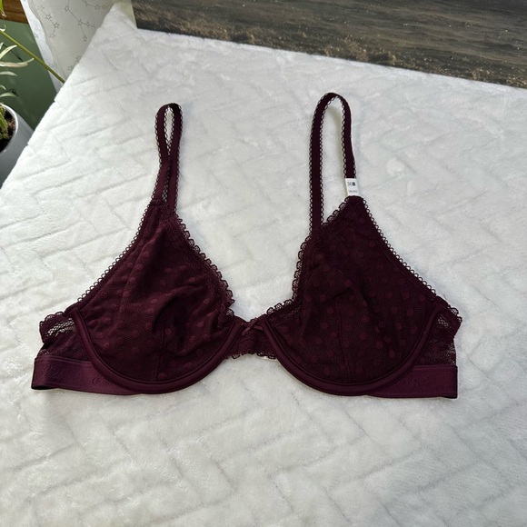 Nwt $34 Victorias Secret Pink Wink Unlined Plunge Bra Polka Dot Burgundy 36B - Picture 1 of 10